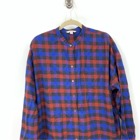 LL Bean Signature Women Size Large Shirt Button Down Top Flannel Plaid Blue Red - Picture 2 of 8